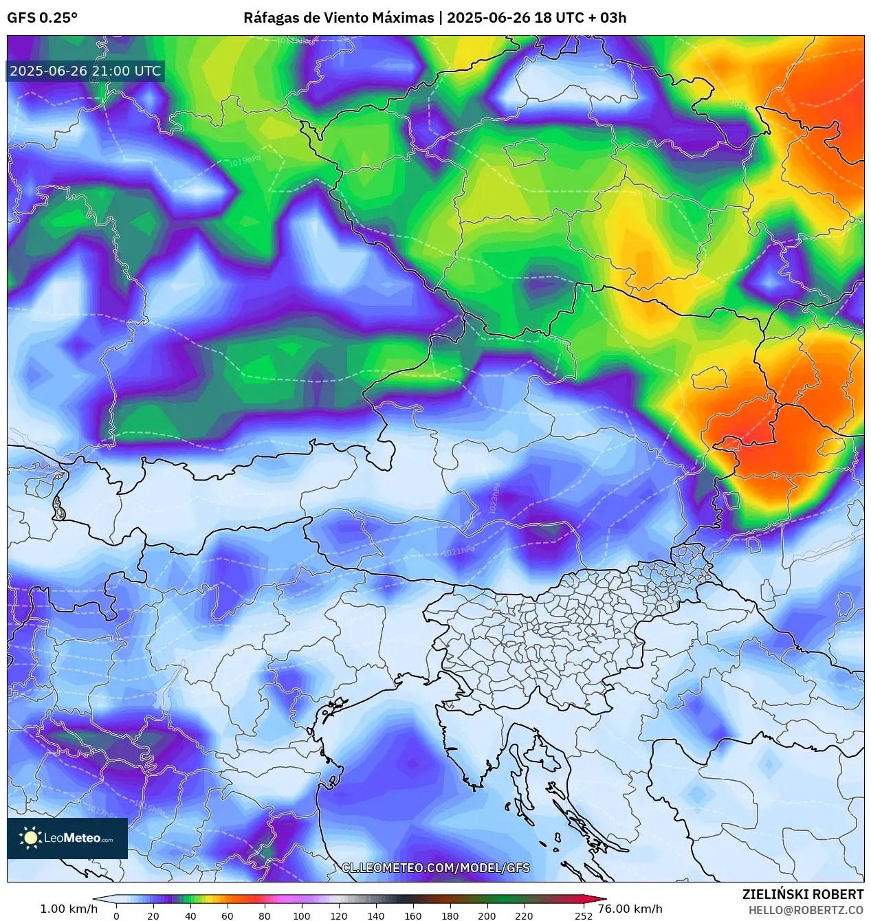 GFS model - Austria, Ráfagas de Viento Máximas GFS model - Austria, Ráfagas de Viento Máximas
