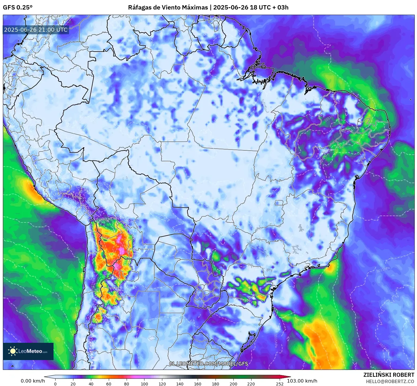 GFS model - Brasil, Ráfagas de Viento Máximas GFS model - Brasil, Ráfagas de Viento Máximas