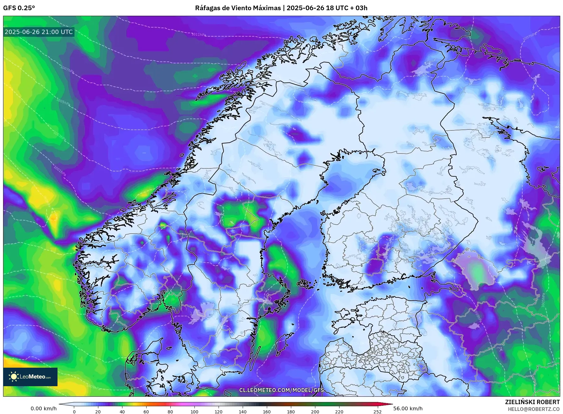 GFS model - Escandinavia, Ráfagas de Viento Máximas GFS model - Escandinavia, Ráfagas de Viento Máximas