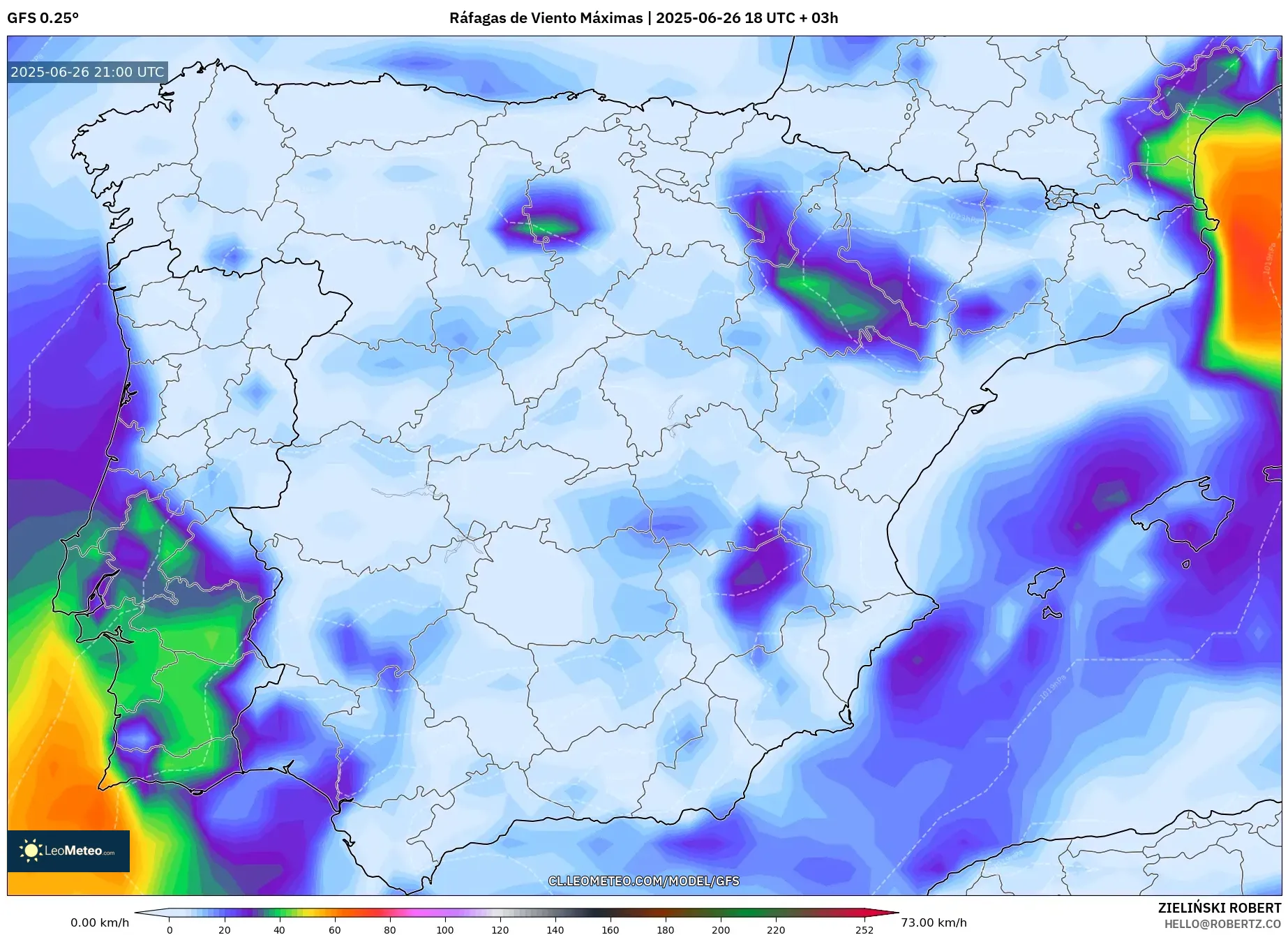 GFS model - España, Ráfagas de Viento Máximas GFS model - España, Ráfagas de Viento Máximas