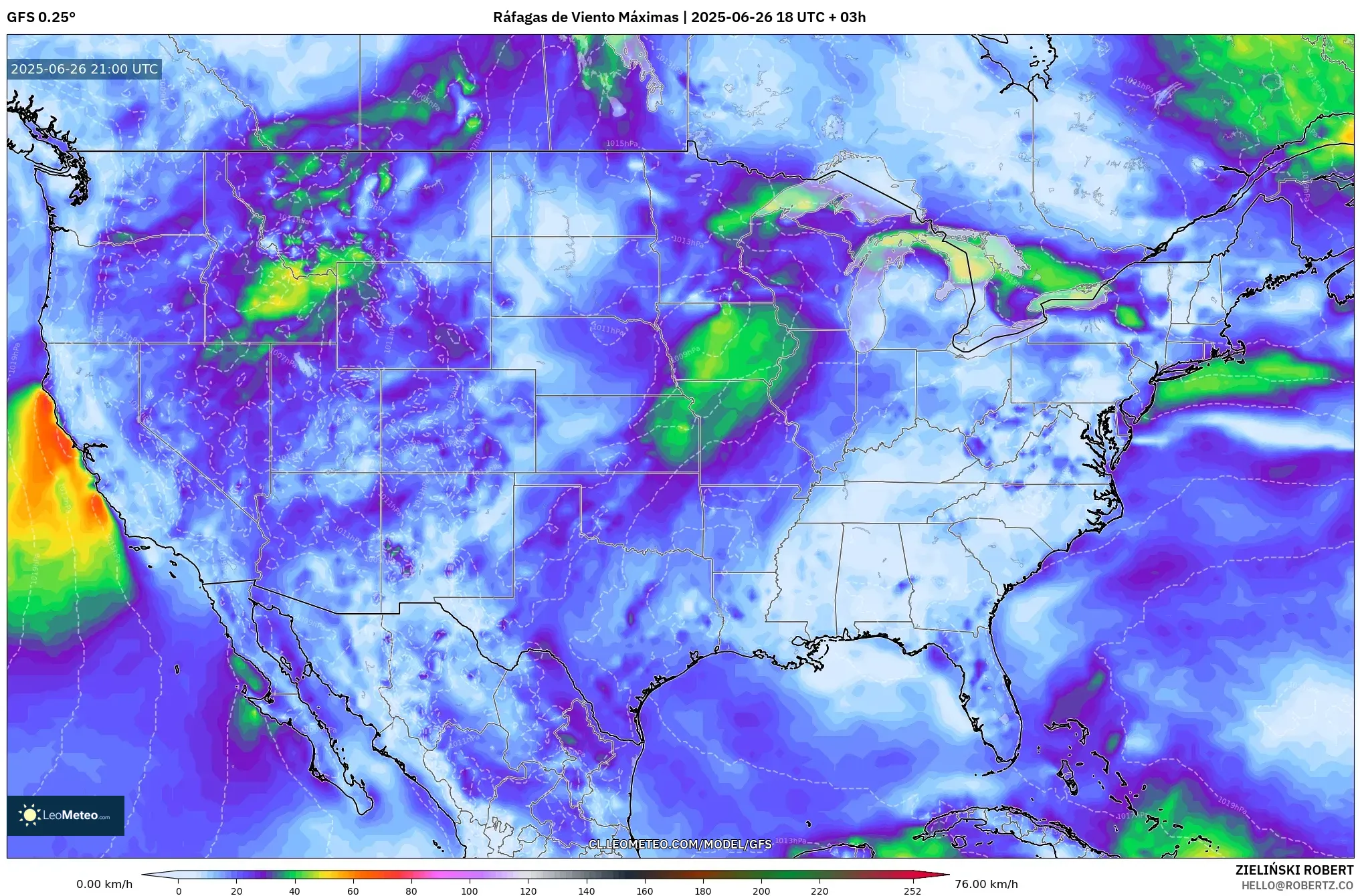 GFS model - Estados Unidos, Ráfagas de Viento Máximas