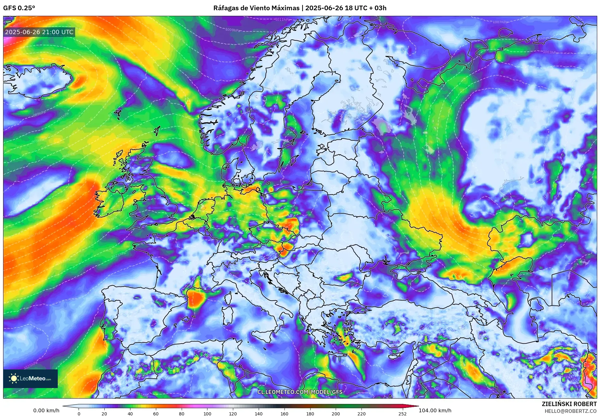 GFS model - Europa, Ráfagas de Viento Máximas GFS model - Europa, Ráfagas de Viento Máximas