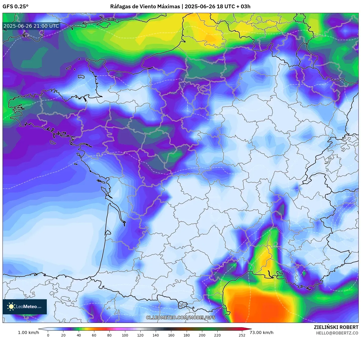GFS model - Francia, Ráfagas de Viento Máximas GFS model - Francia, Ráfagas de Viento Máximas