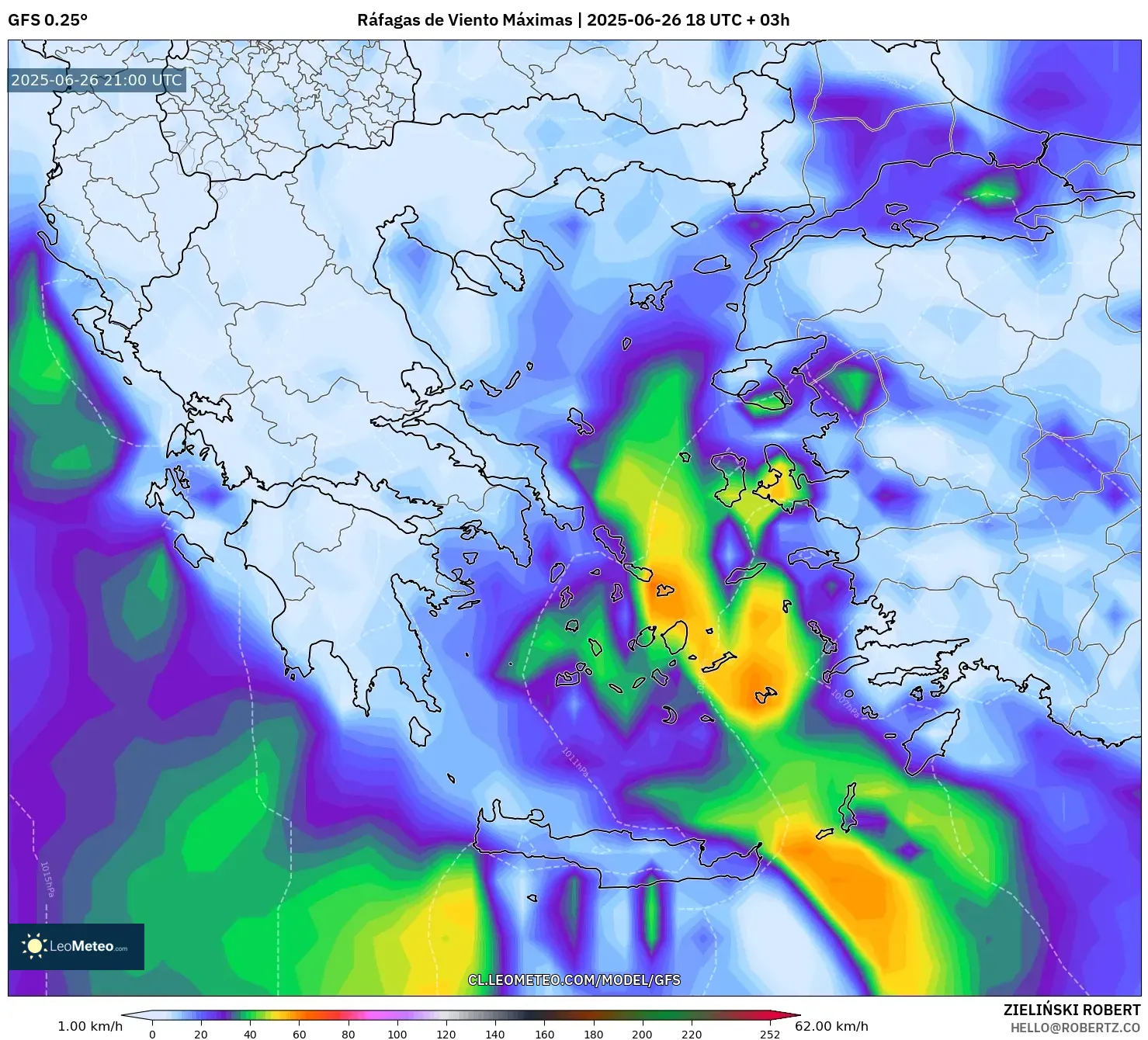 GFS model - Grecia, Ráfagas de Viento Máximas GFS model - Grecia, Ráfagas de Viento Máximas