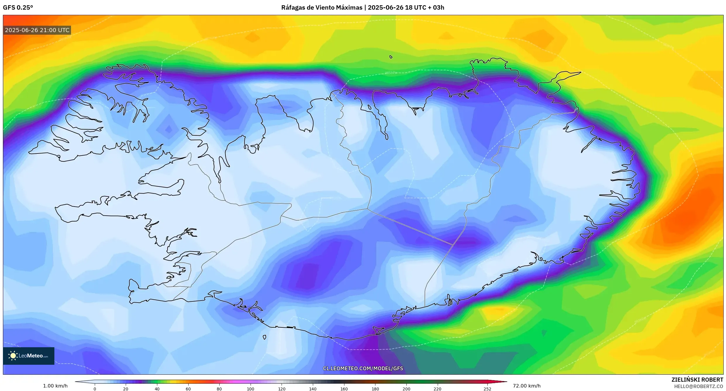 GFS model - Islandia, Ráfagas de Viento Máximas GFS model - Islandia, Ráfagas de Viento Máximas