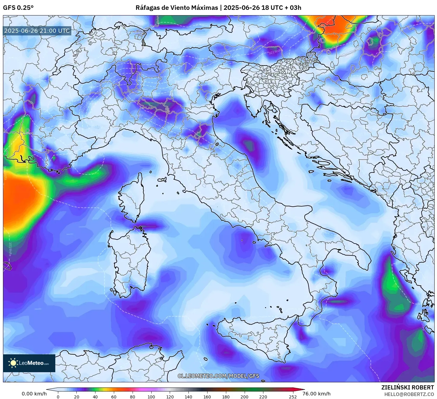 GFS model - Italia, Ráfagas de Viento Máximas GFS model - Italia, Ráfagas de Viento Máximas
