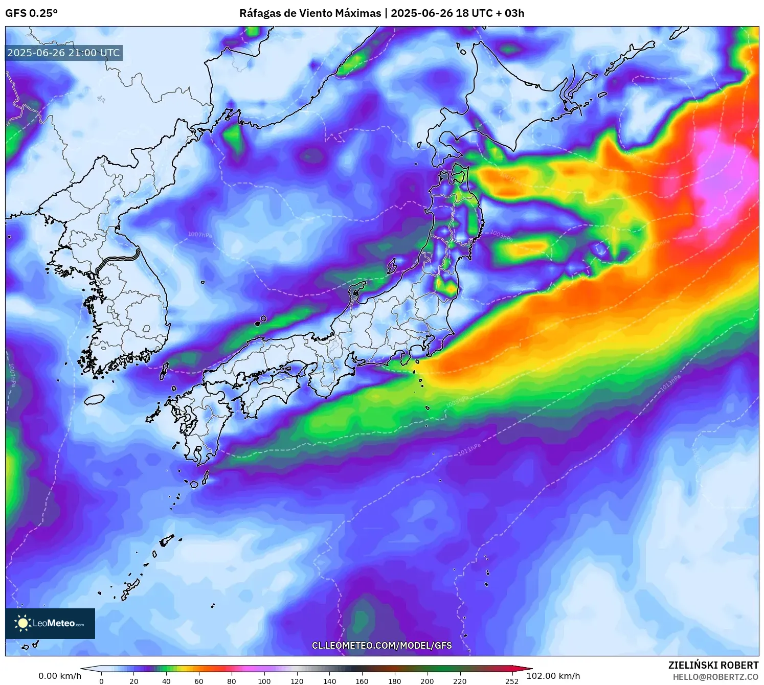 GFS model - Japón, Ráfagas de Viento Máximas GFS model - Japón, Ráfagas de Viento Máximas