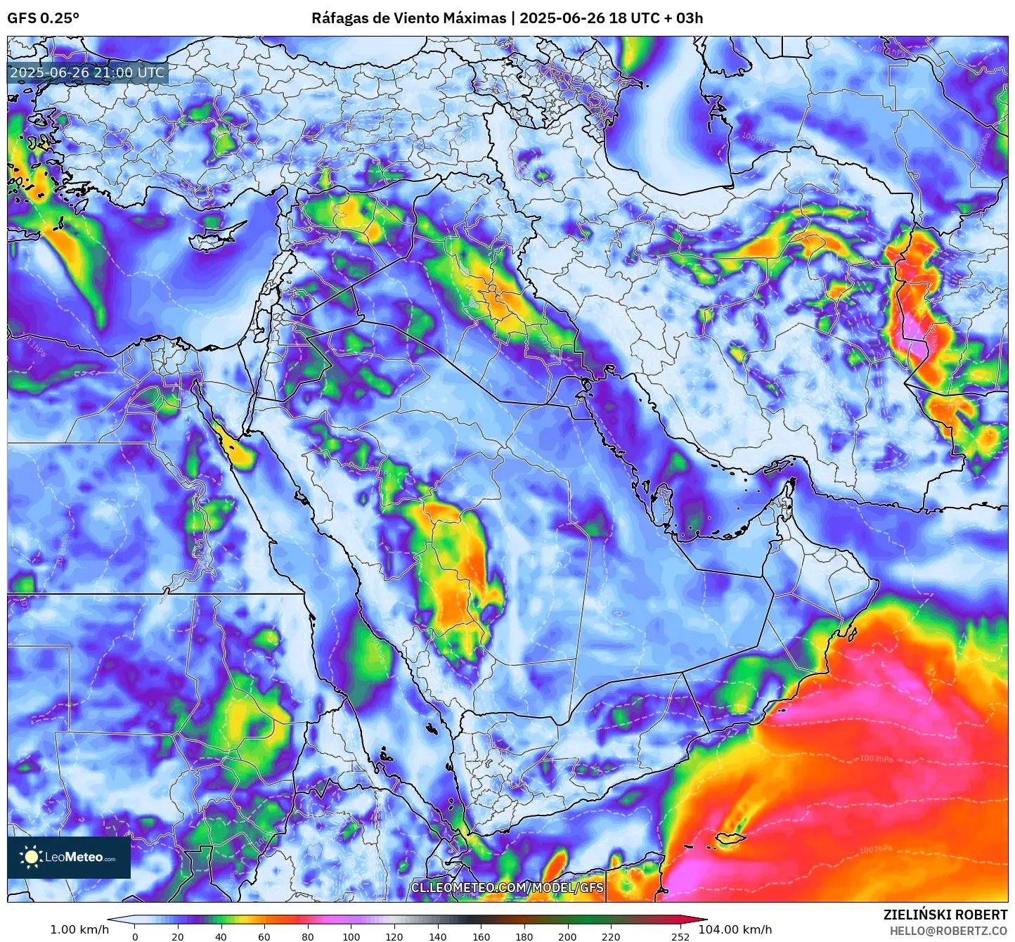 GFS model - Oriente Medio, Ráfagas de Viento Máximas GFS model - Oriente Medio, Ráfagas de Viento Máximas