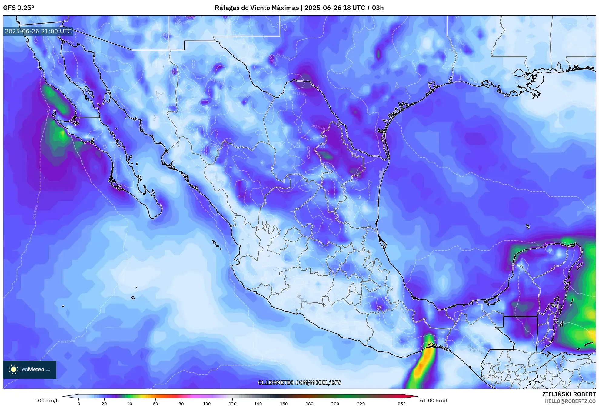 GFS model - México, Ráfagas de Viento Máximas GFS model - México, Ráfagas de Viento Máximas