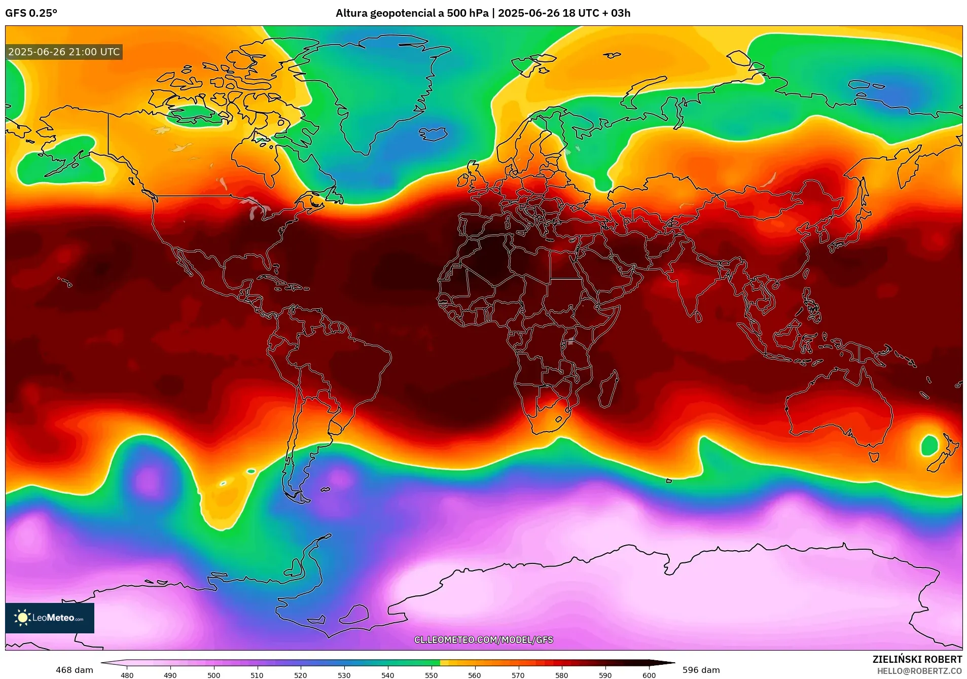 GFS model - Mundo, Altura geopotencial a 500 hPa GFS model - Mundo, Altura geopotencial a 500 hPa