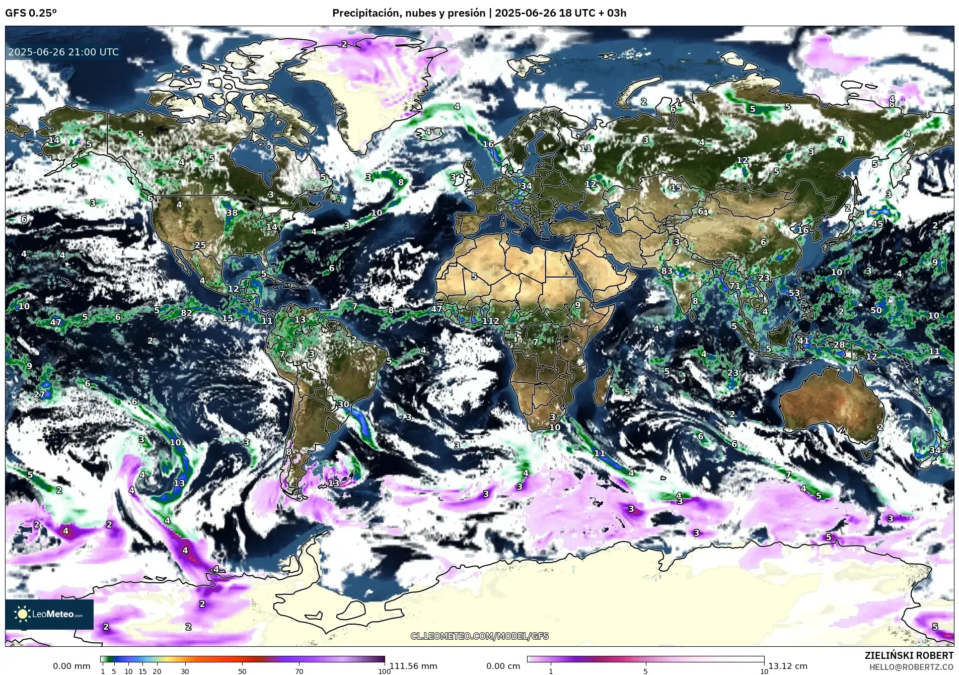 GFS model - Mundo, Precipitación, nubes y presión GFS model - Mundo, Precipitación, nubes y presión