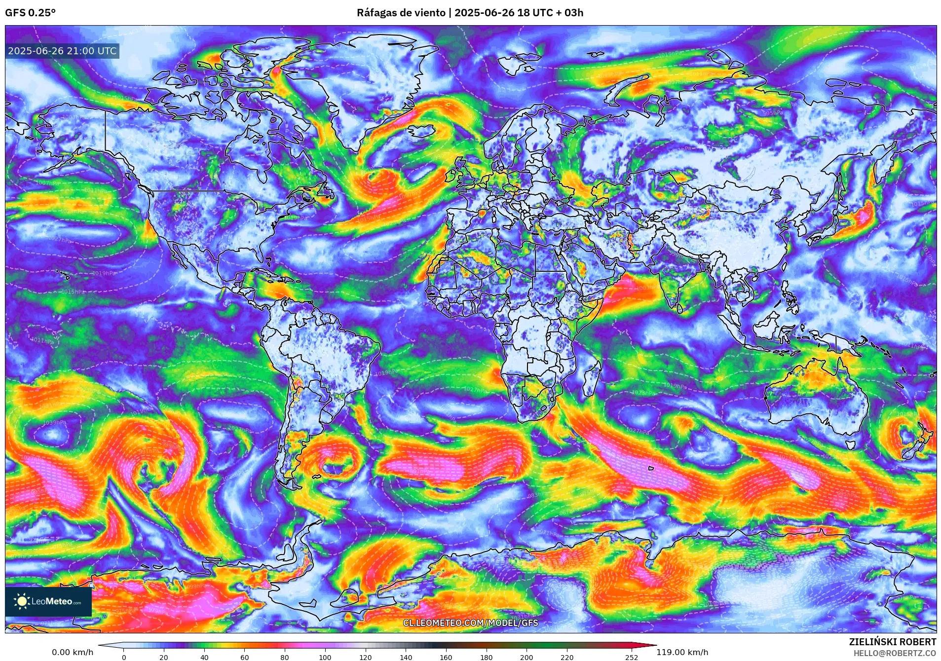 GFS model - Mundo, Ráfagas de viento GFS model - Mundo, Ráfagas de viento