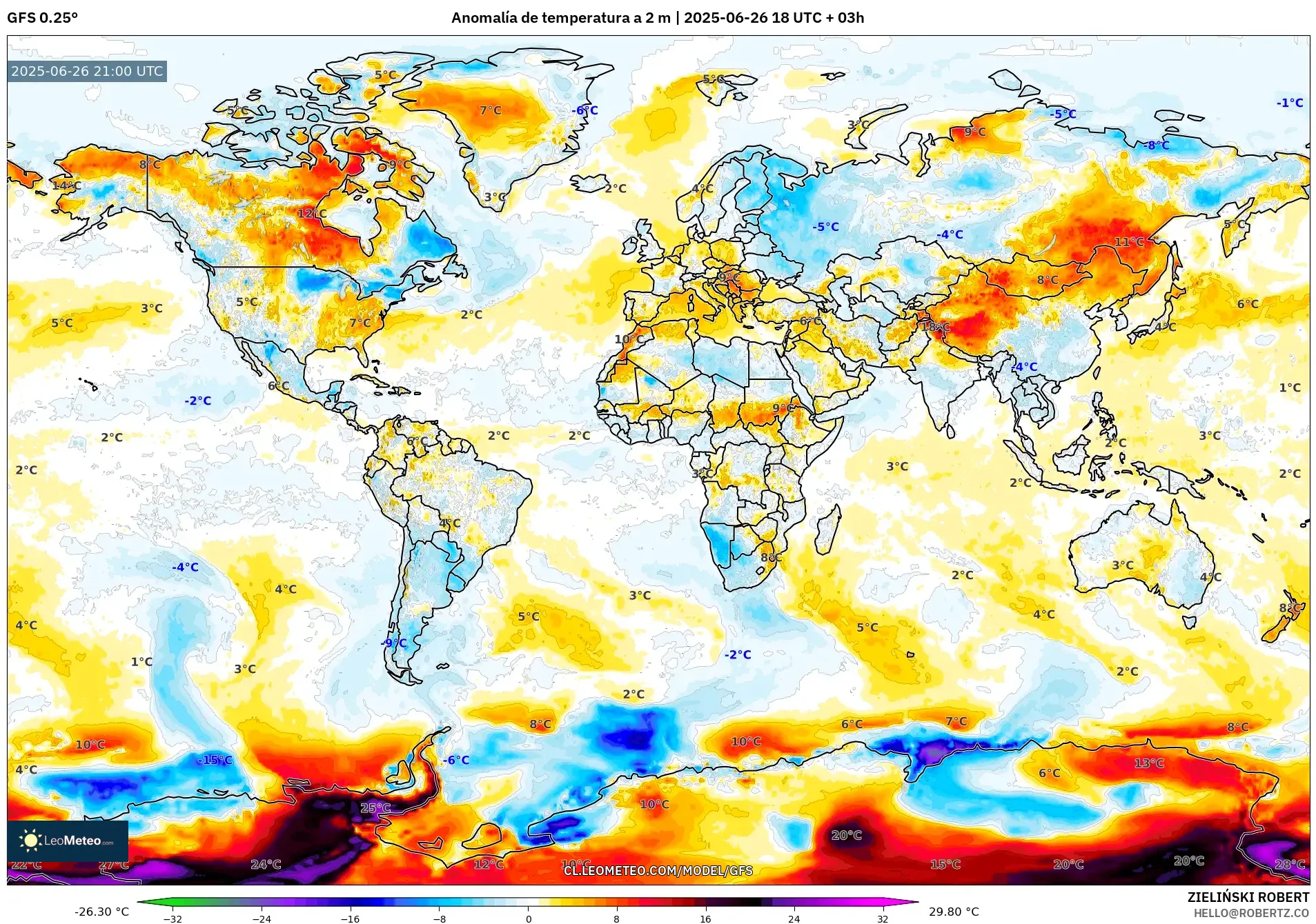 GFS model - Mundo, Anomalía de temperatura a 2 m GFS model - Mundo, Anomalía de temperatura a 2 m