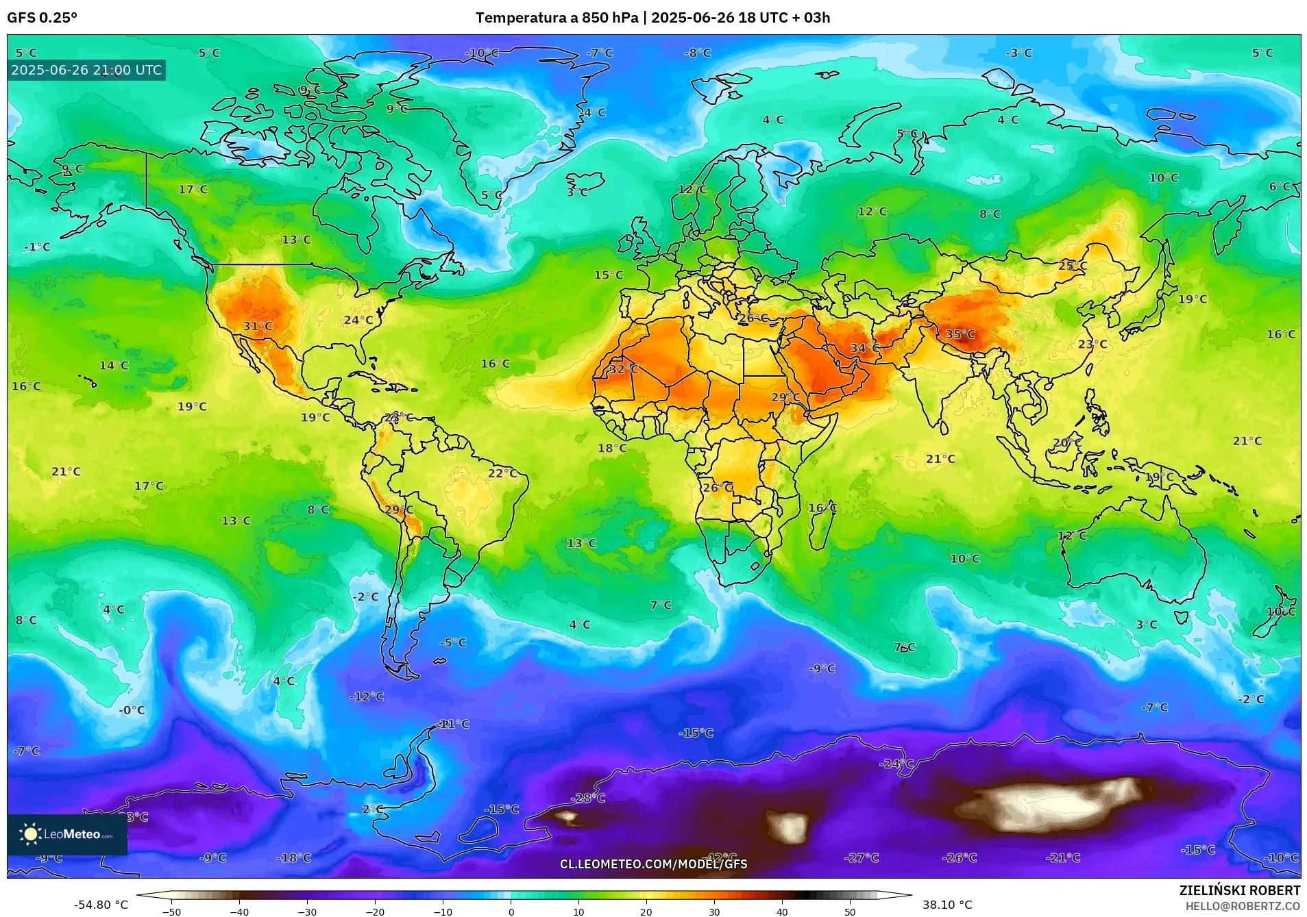 GFS model - Mundo, Temperatura a 850 hPa GFS model - Mundo, Temperatura a 850 hPa
