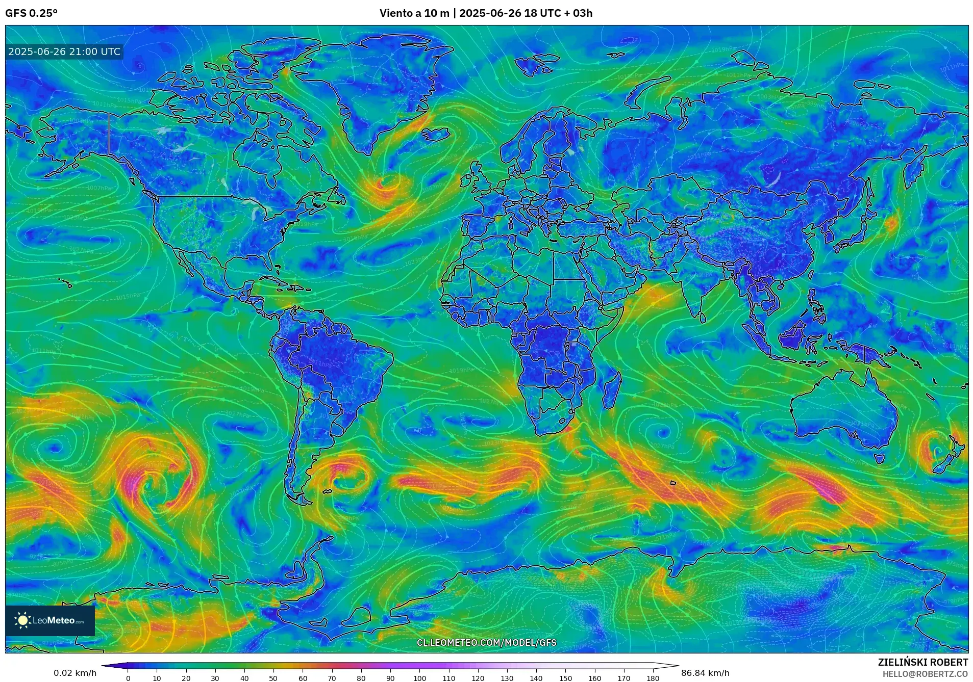 GFS model - Mundo, Viento a 10 m GFS model - Mundo, Viento a 10 m