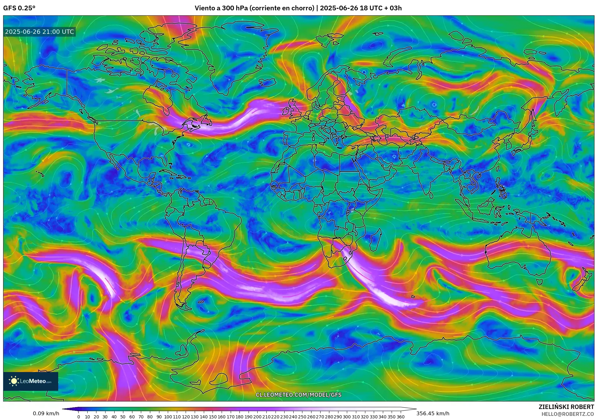 GFS model - Mundo, Viento a 300 hPa (corriente en chorro) GFS model - Mundo, Viento a 300 hPa (corriente en chorro)