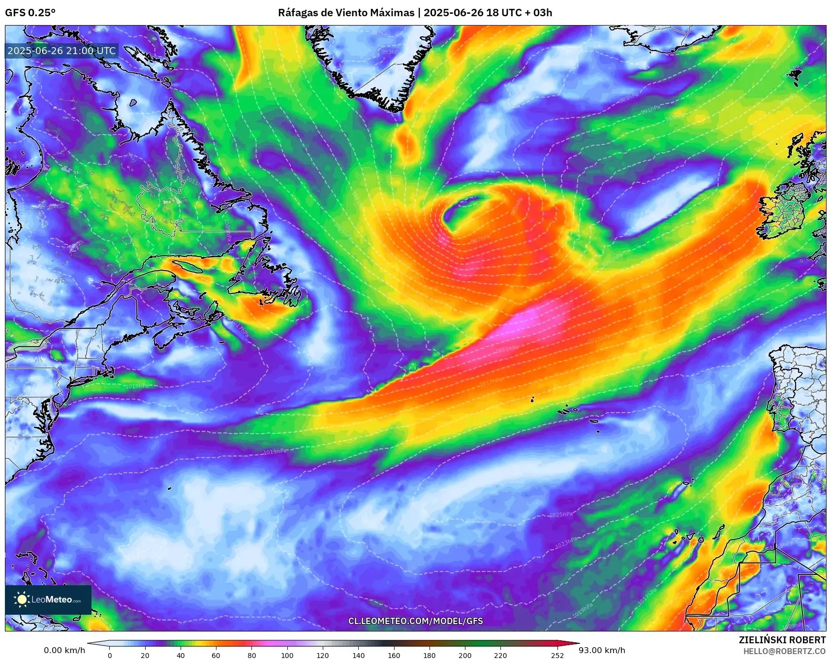 GFS model - Norte Atlántico, Ráfagas de Viento Máximas GFS model - Norte Atlántico, Ráfagas de Viento Máximas