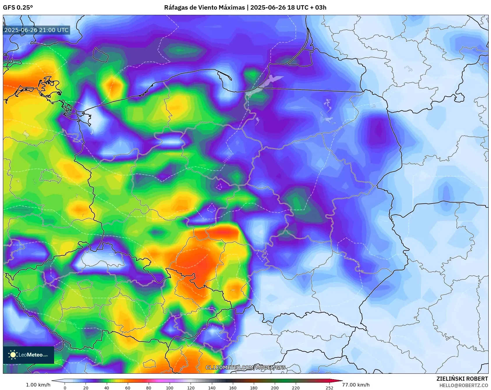 GFS model - Polonia, Ráfagas de Viento Máximas GFS model - Polonia, Ráfagas de Viento Máximas