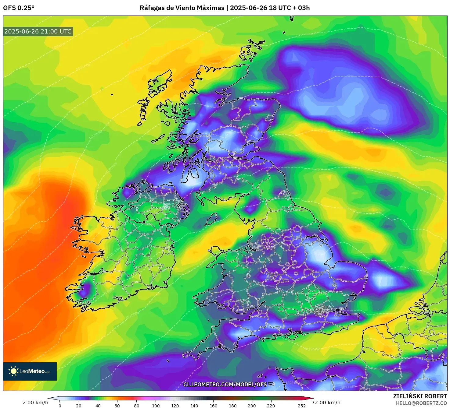 GFS model - Reino Unido, Ráfagas de Viento Máximas GFS model - Reino Unido, Ráfagas de Viento Máximas