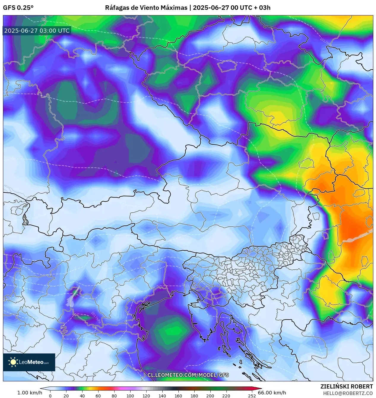 GFS model - Austria, Ráfagas de Viento Máximas GFS model - Austria, Ráfagas de Viento Máximas