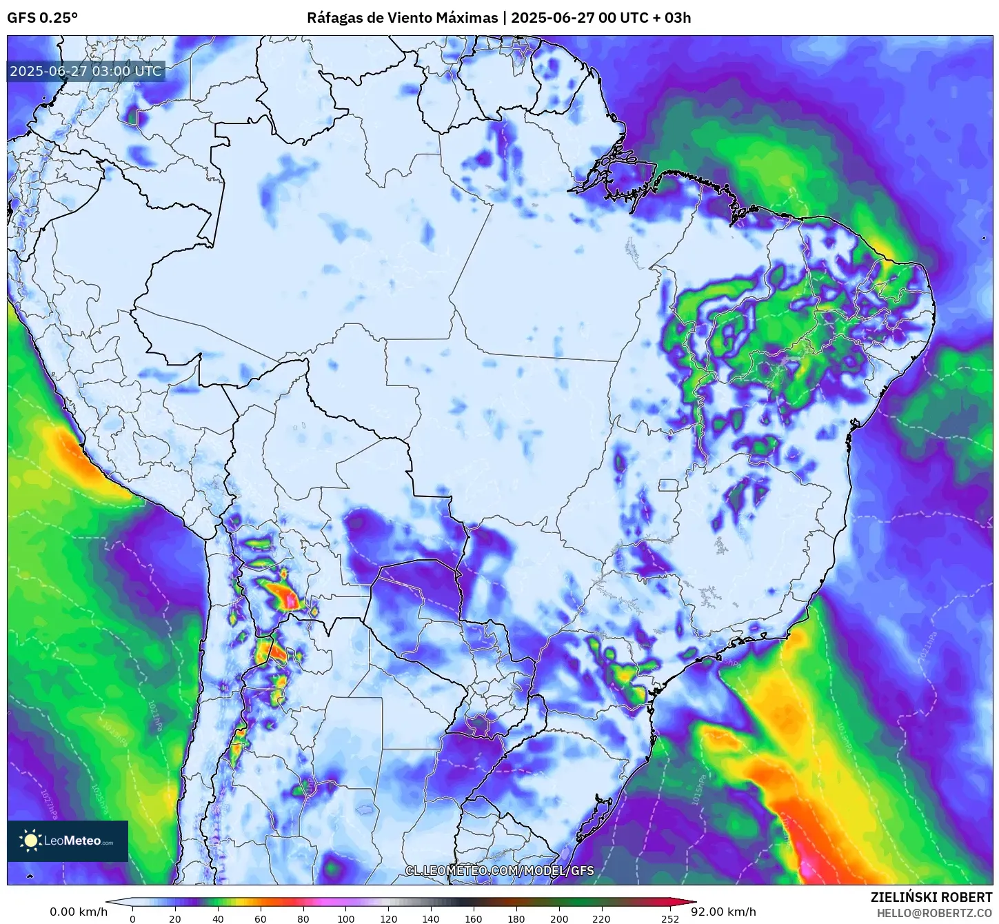 GFS model - Brasil, Ráfagas de Viento Máximas GFS model - Brasil, Ráfagas de Viento Máximas