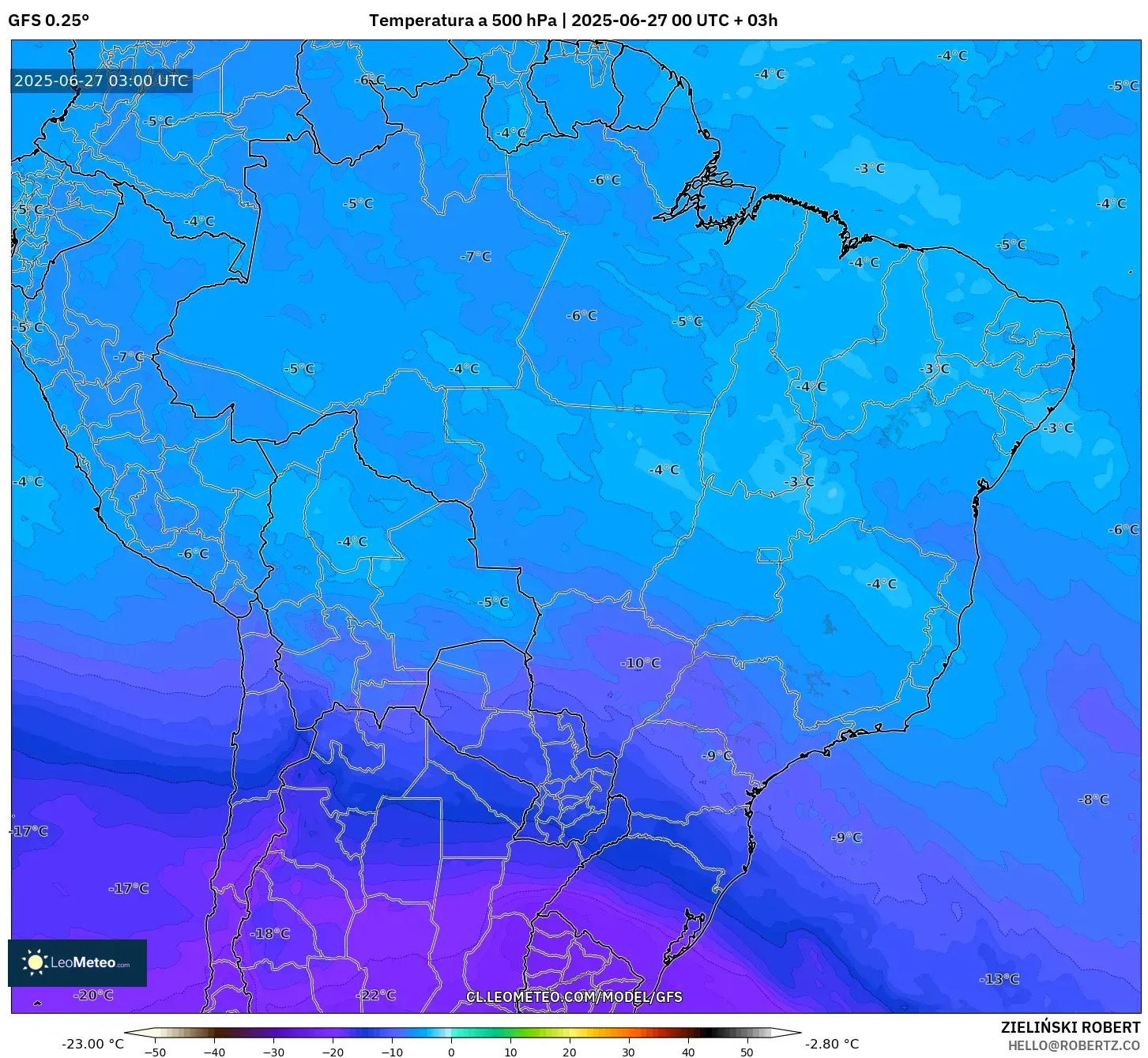 GFS model - Brasil, Temperatura a 500 hPa GFS model - Brasil, Temperatura a 500 hPa