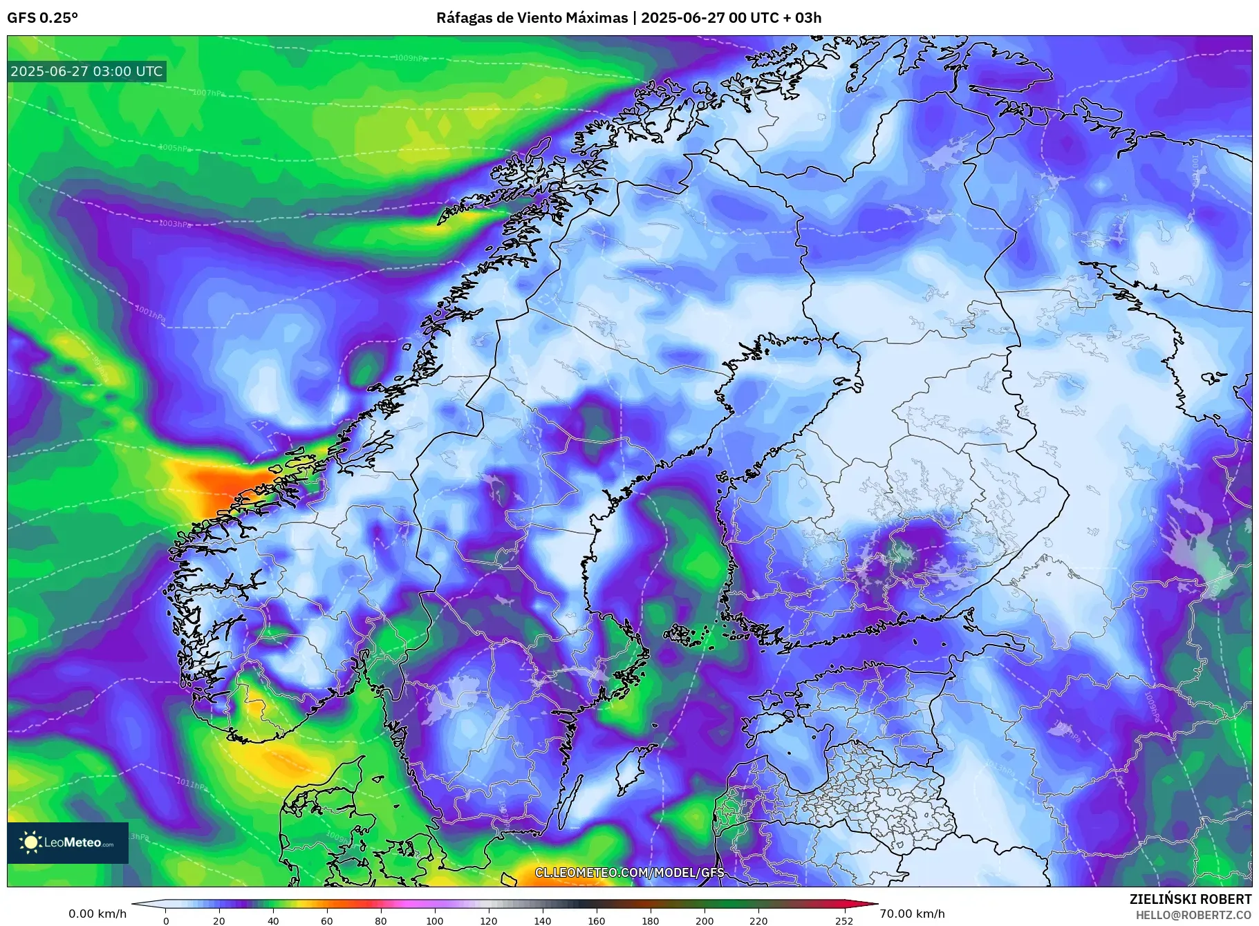 GFS model - Escandinavia, Ráfagas de Viento Máximas GFS model - Escandinavia, Ráfagas de Viento Máximas
