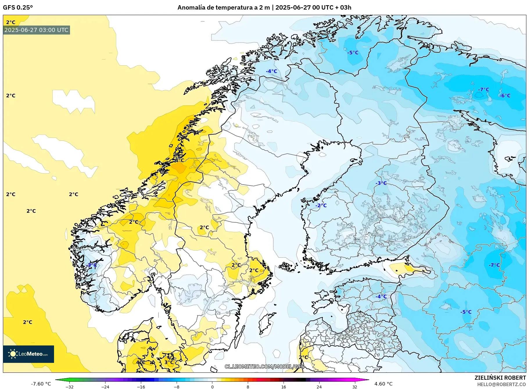GFS model - Escandinavia, Anomalía de temperatura a 2 m GFS model - Escandinavia, Anomalía de temperatura a 2 m