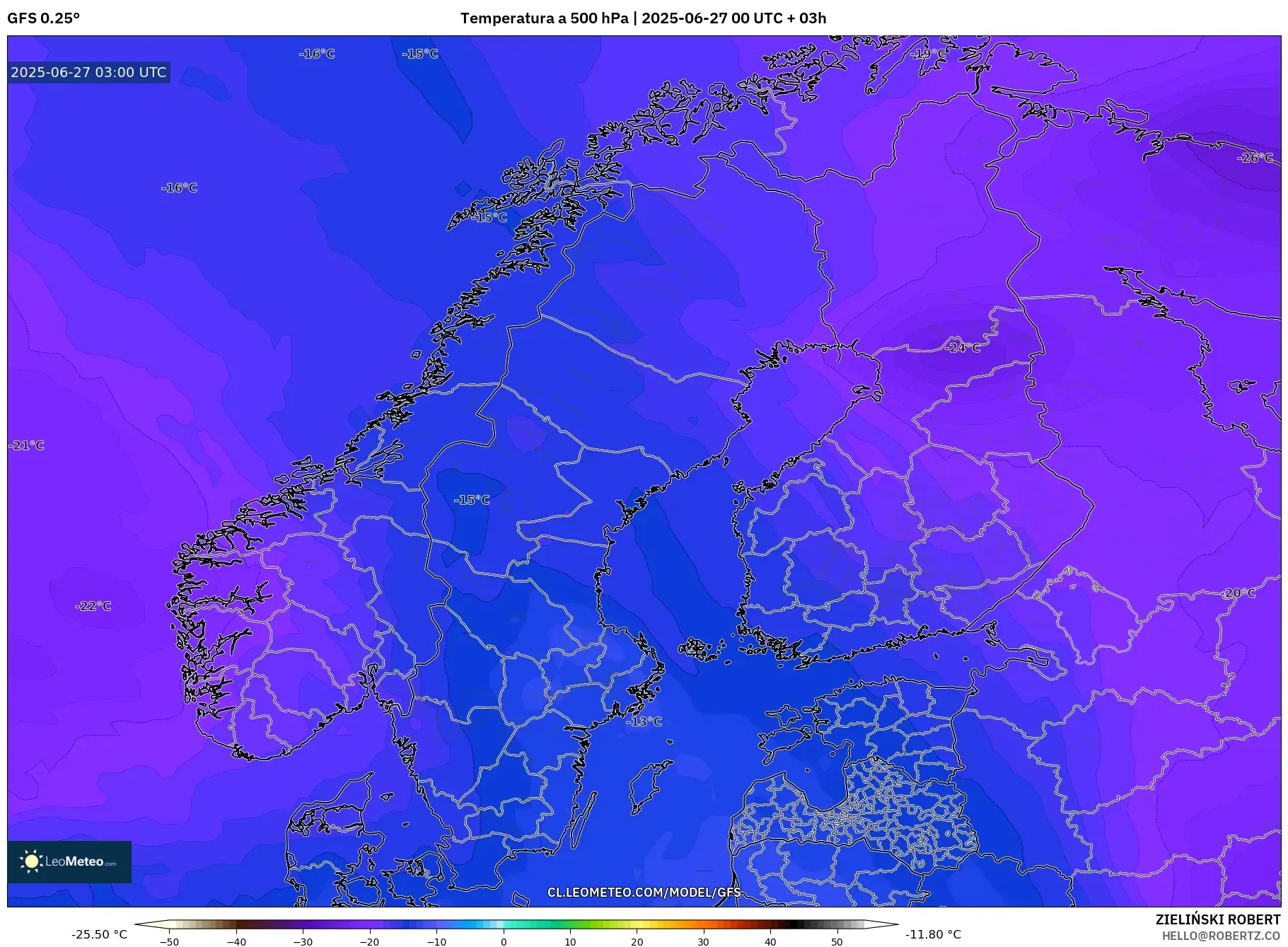GFS model - Escandinavia, Temperatura a 500 hPa GFS model - Escandinavia, Temperatura a 500 hPa