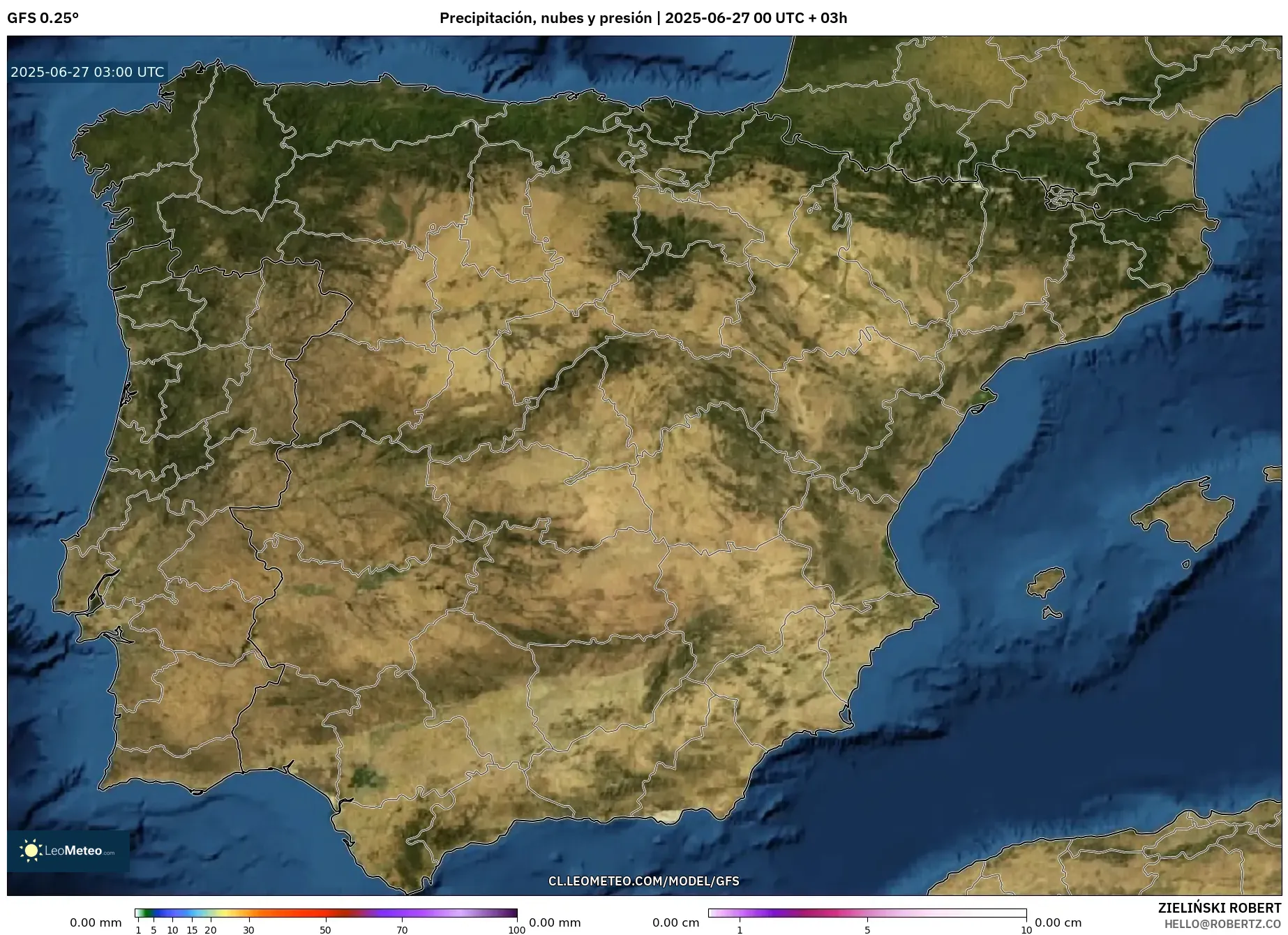 GFS model - España, Precipitación, nubes y presión GFS model - España, Precipitación, nubes y presión