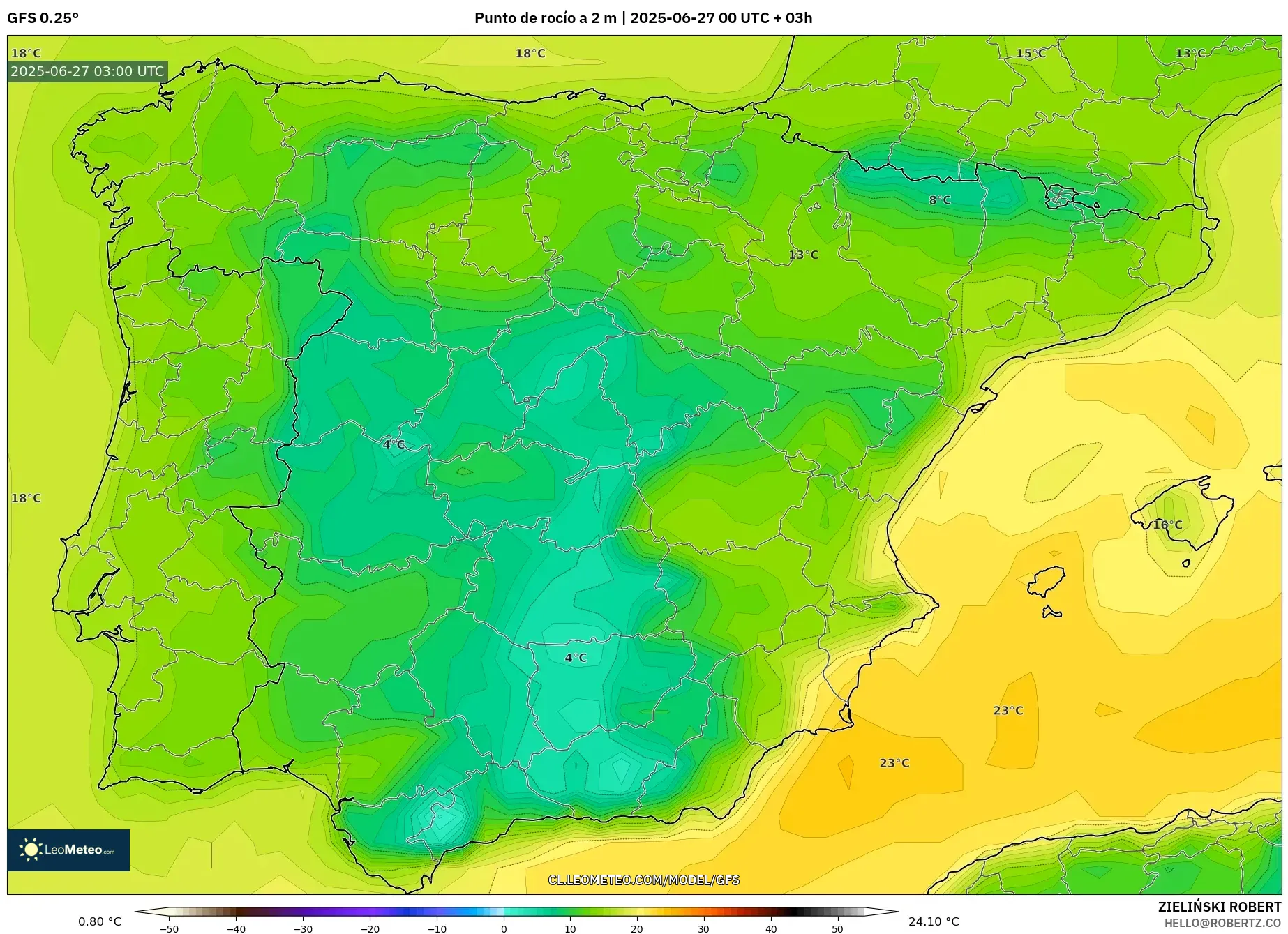 GFS model - España, Punto de rocío a 2 m GFS model - España, Punto de rocío a 2 m
