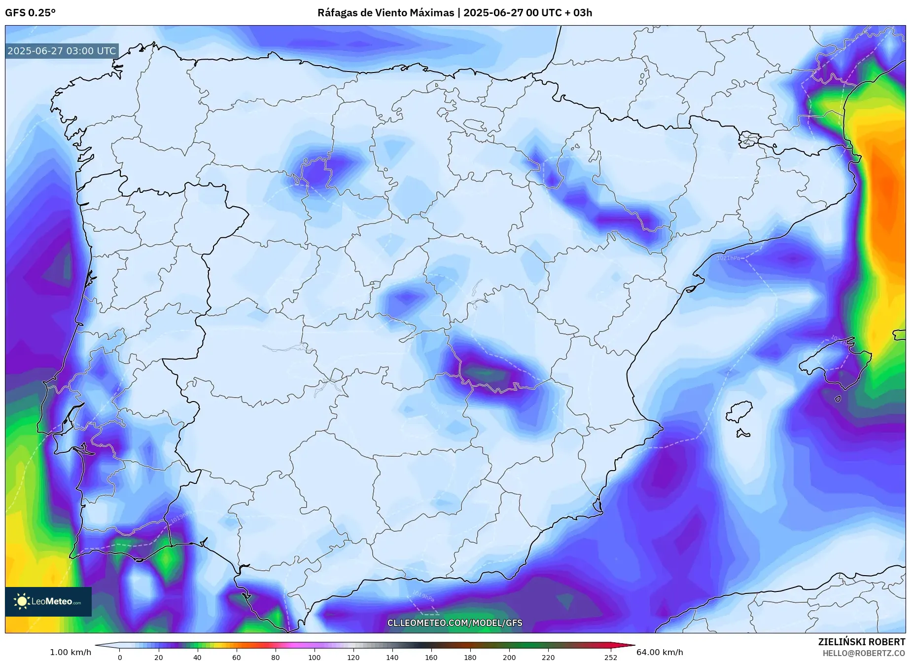 GFS model - España, Ráfagas de Viento Máximas GFS model - España, Ráfagas de Viento Máximas