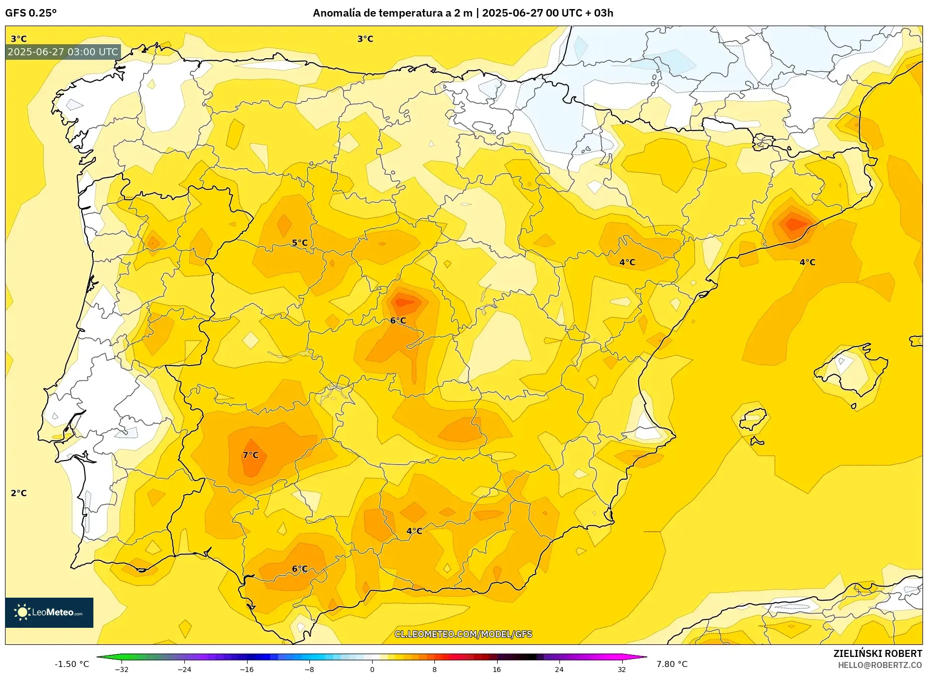 GFS model - España, Anomalía de temperatura a 2 m GFS model - España, Anomalía de temperatura a 2 m