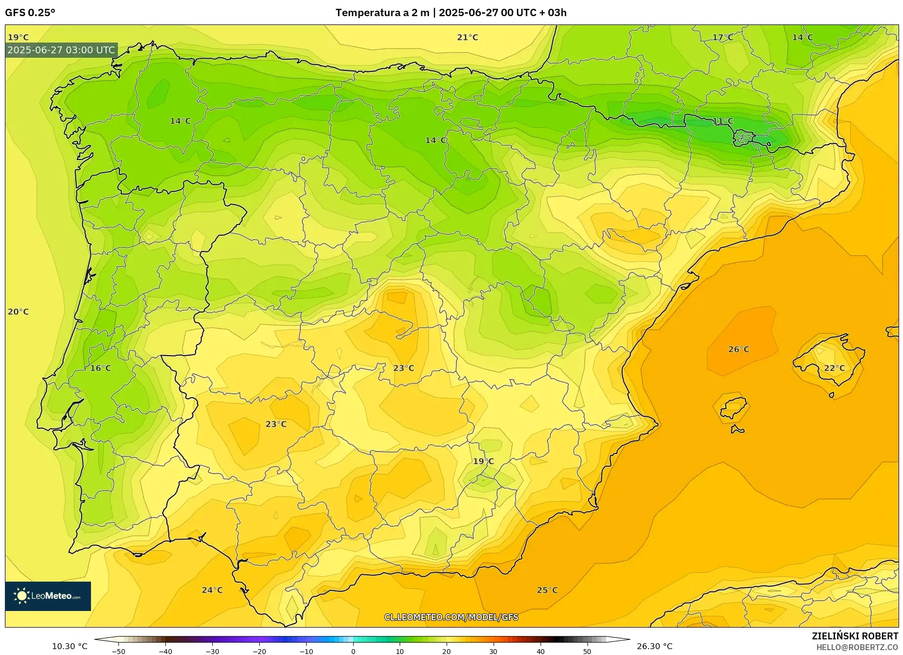 GFS model - España, Temperatura a 2 m GFS model - España, Temperatura a 2 m