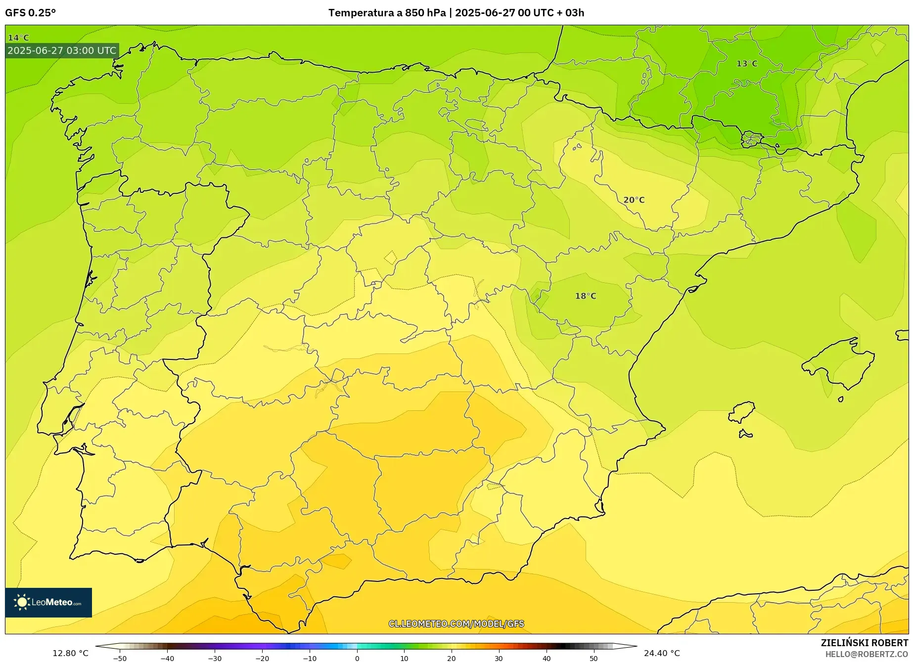 GFS model - España, Temperatura a 850 hPa GFS model - España, Temperatura a 850 hPa
