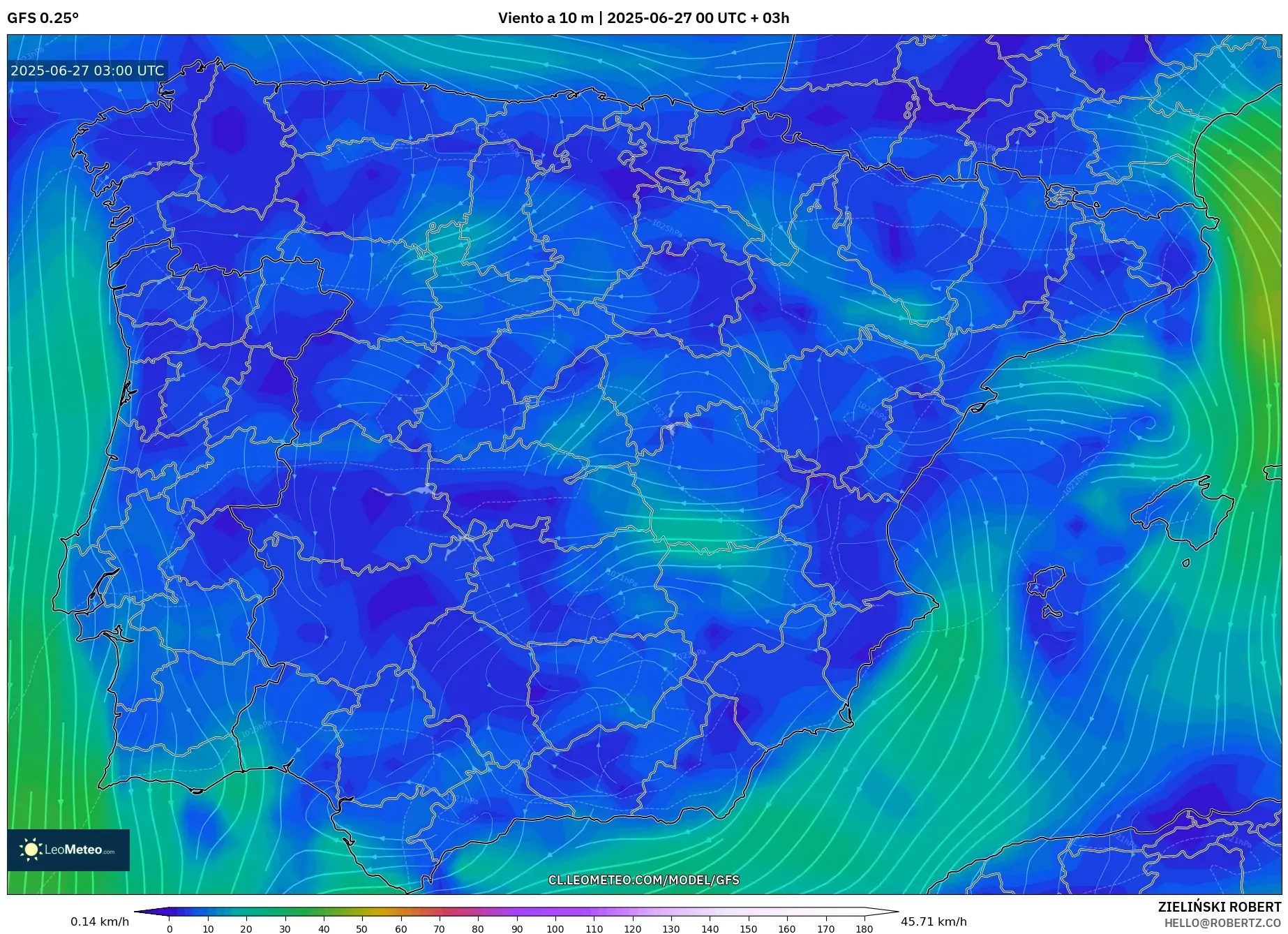 GFS model - España, Viento a 10 m GFS model - España, Viento a 10 m