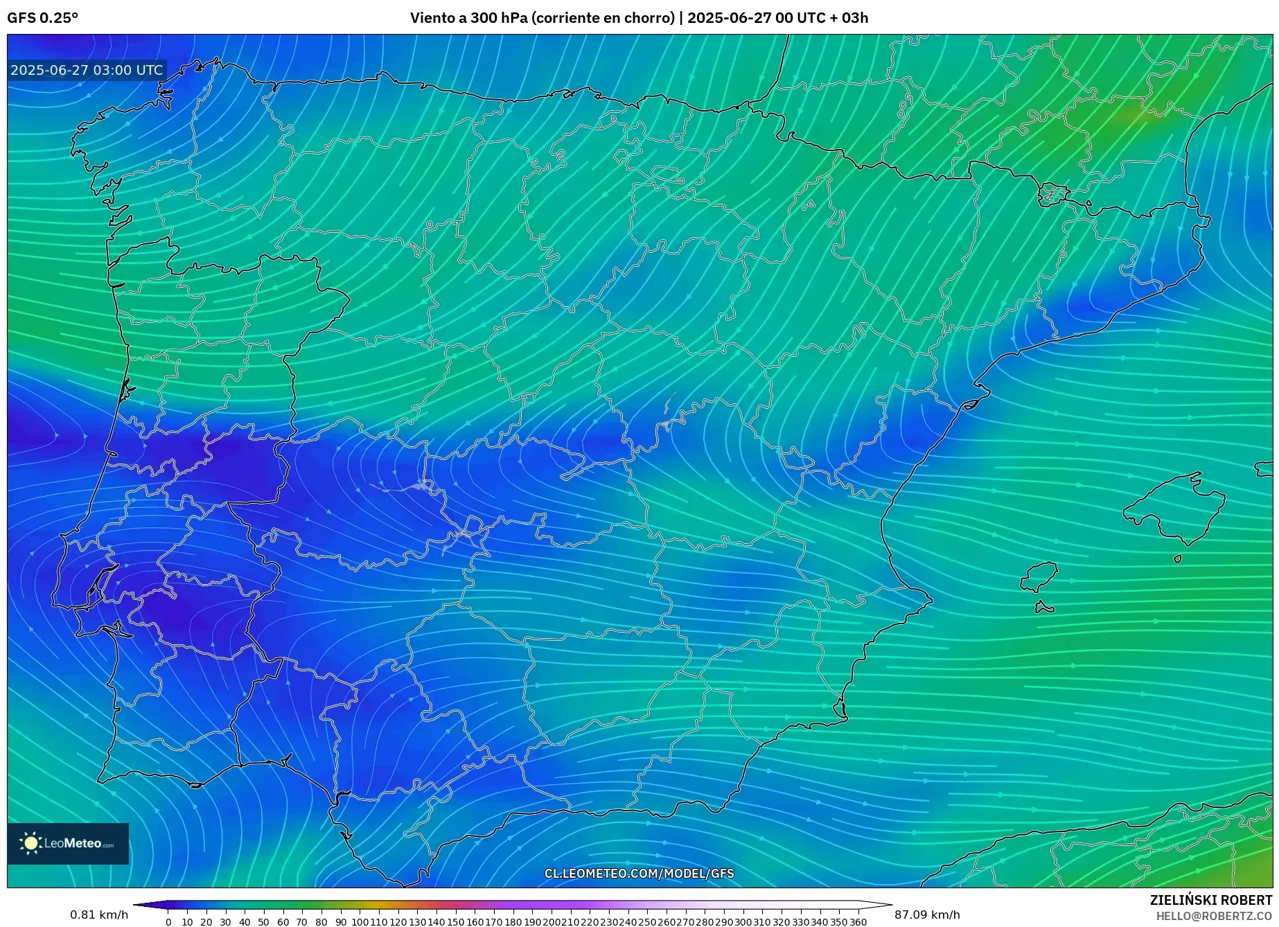 GFS model - España, Viento a 300 hPa (corriente en chorro) GFS model - España, Viento a 300 hPa (corriente en chorro)