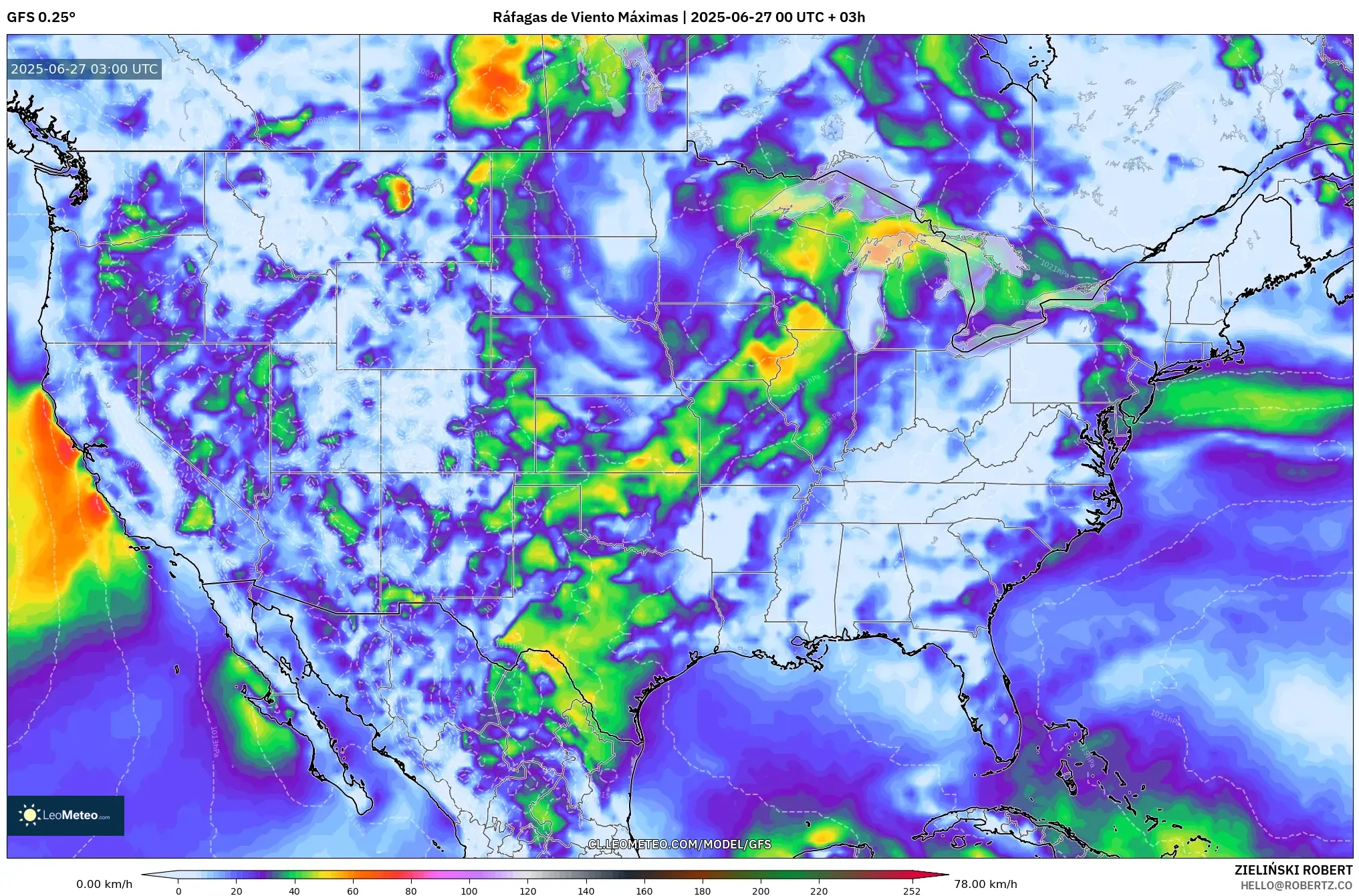 GFS model - Estados Unidos, Ráfagas de Viento Máximas GFS model - Estados Unidos, Ráfagas de Viento Máximas