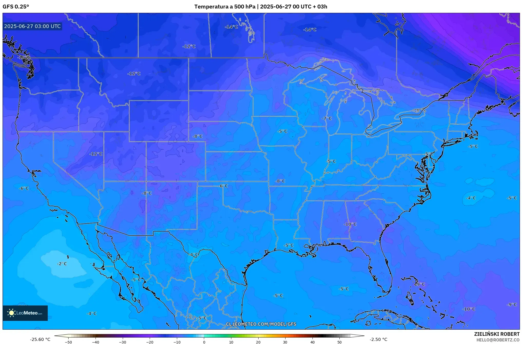 GFS model - Estados Unidos, Temperatura a 500 hPa GFS model - Estados Unidos, Temperatura a 500 hPa