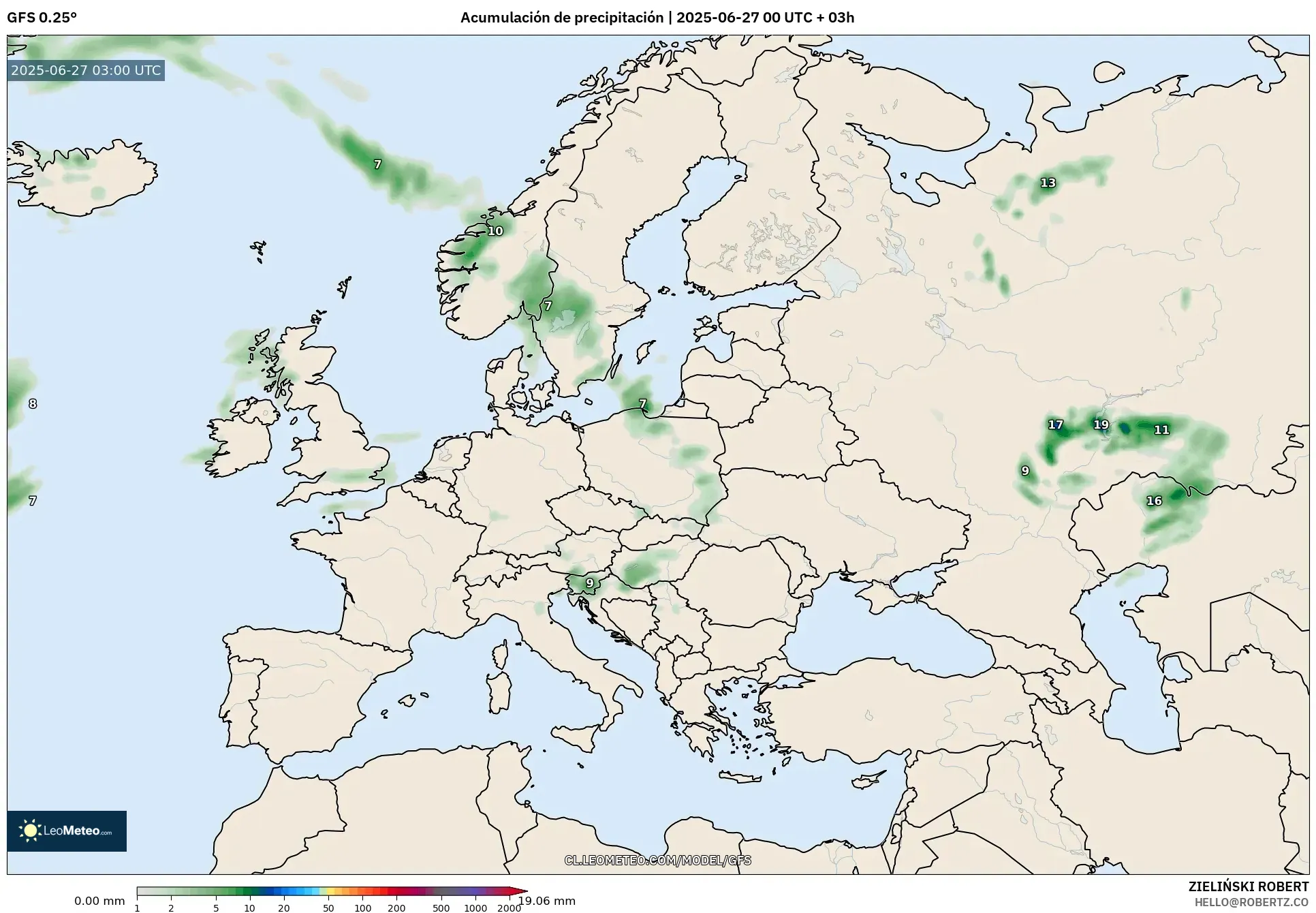 GFS model - Europa, Acumulación de precipitación GFS model - Europa, Acumulación de precipitación