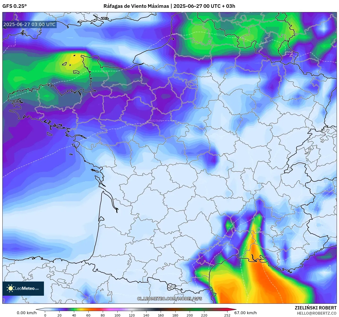 GFS model - Francia, Ráfagas de Viento Máximas
