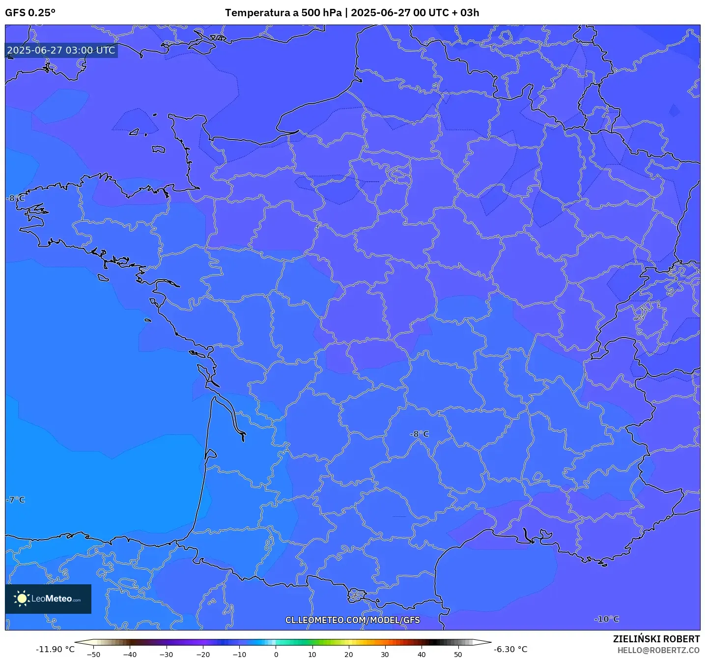 GFS model - Francia, Temperatura a 500 hPa GFS model - Francia, Temperatura a 500 hPa