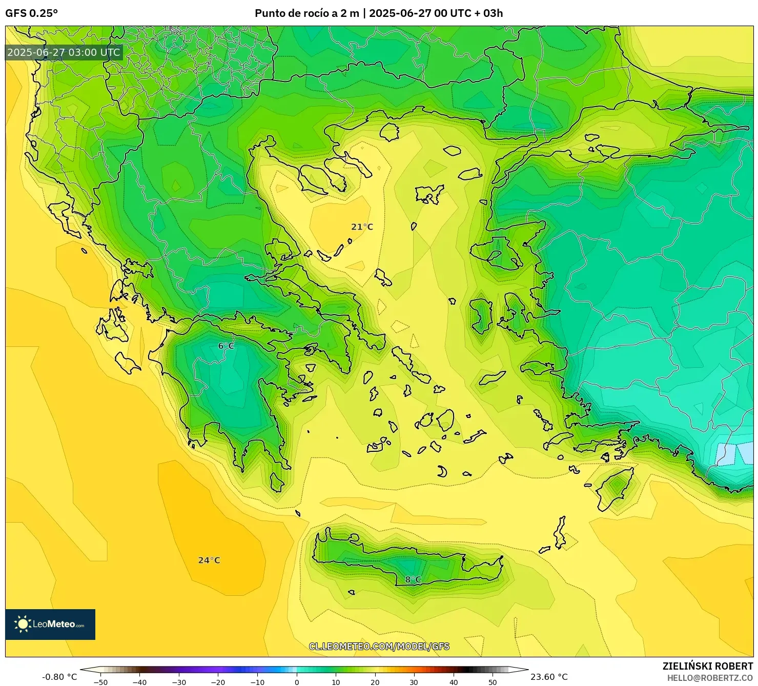 GFS model - Grecia, Punto de rocío a 2 m GFS model - Grecia, Punto de rocío a 2 m