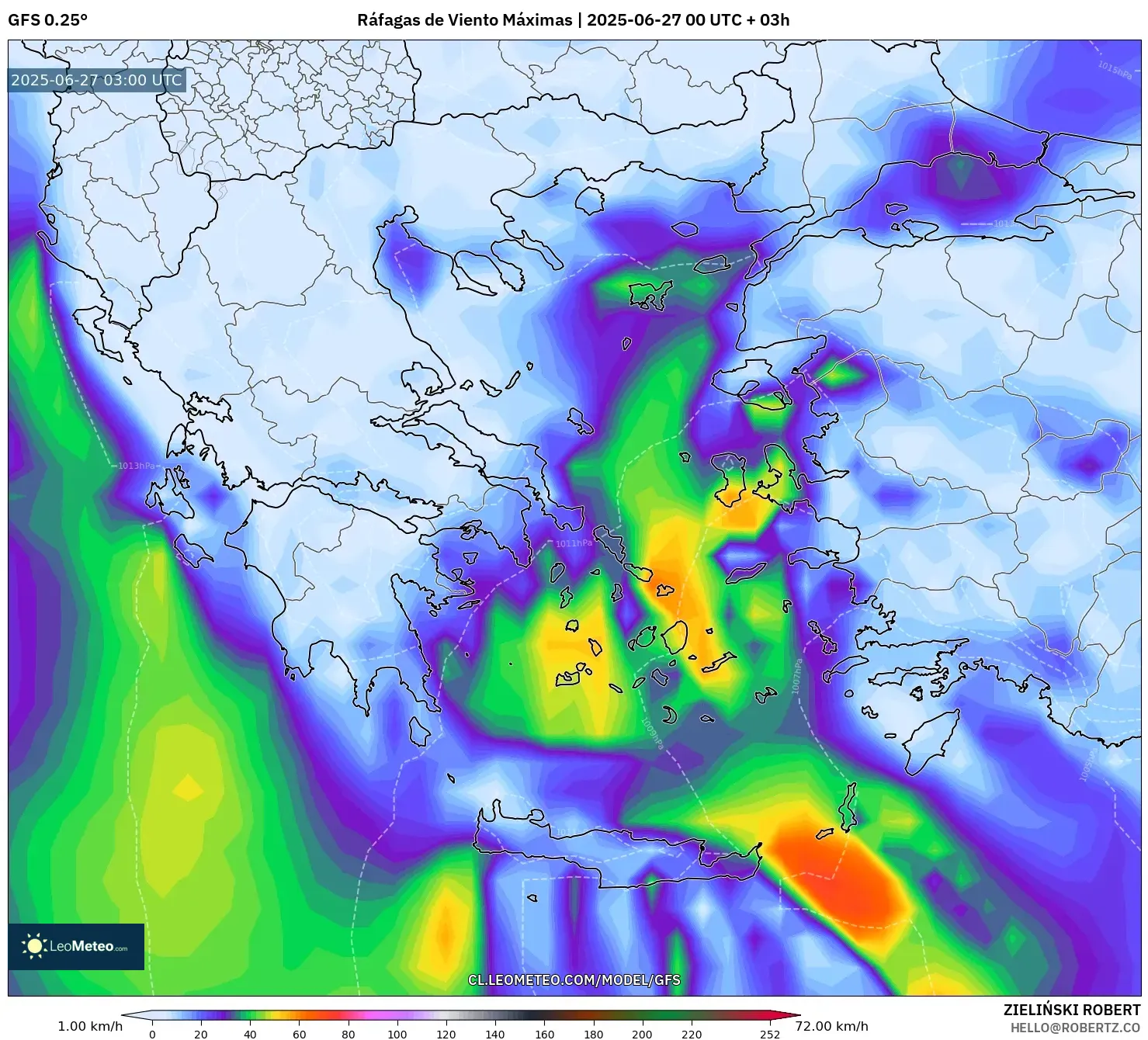 GFS model - Grecia, Ráfagas de Viento Máximas GFS model - Grecia, Ráfagas de Viento Máximas
