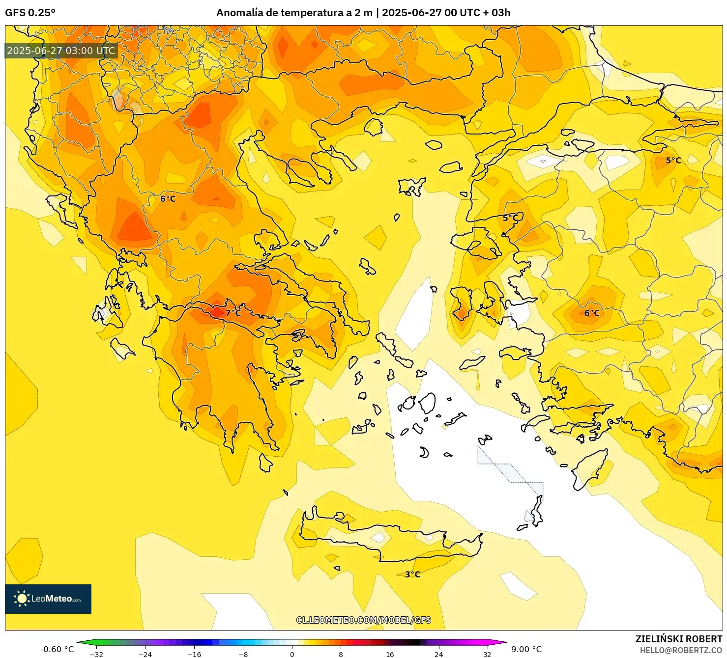 GFS model - Grecia, Anomalía de temperatura a 2 m GFS model - Grecia, Anomalía de temperatura a 2 m