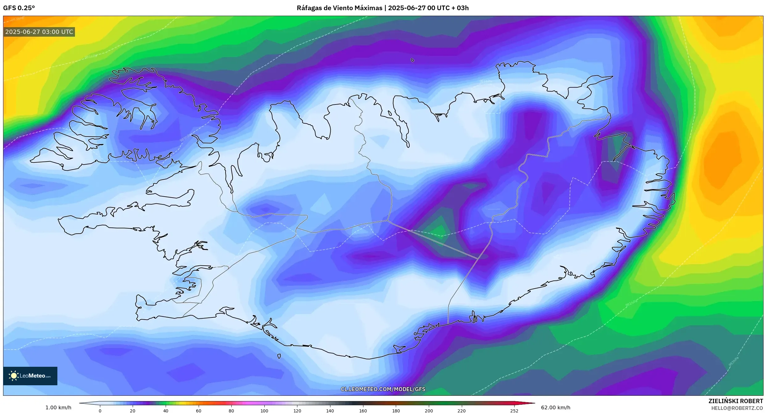GFS model - Islandia, Ráfagas de Viento Máximas GFS model - Islandia, Ráfagas de Viento Máximas