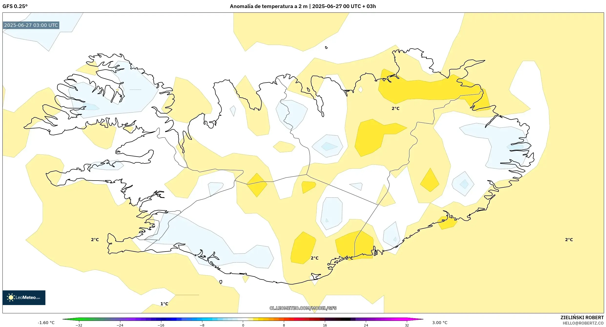 GFS model - Islandia, Anomalía de temperatura a 2 m GFS model - Islandia, Anomalía de temperatura a 2 m