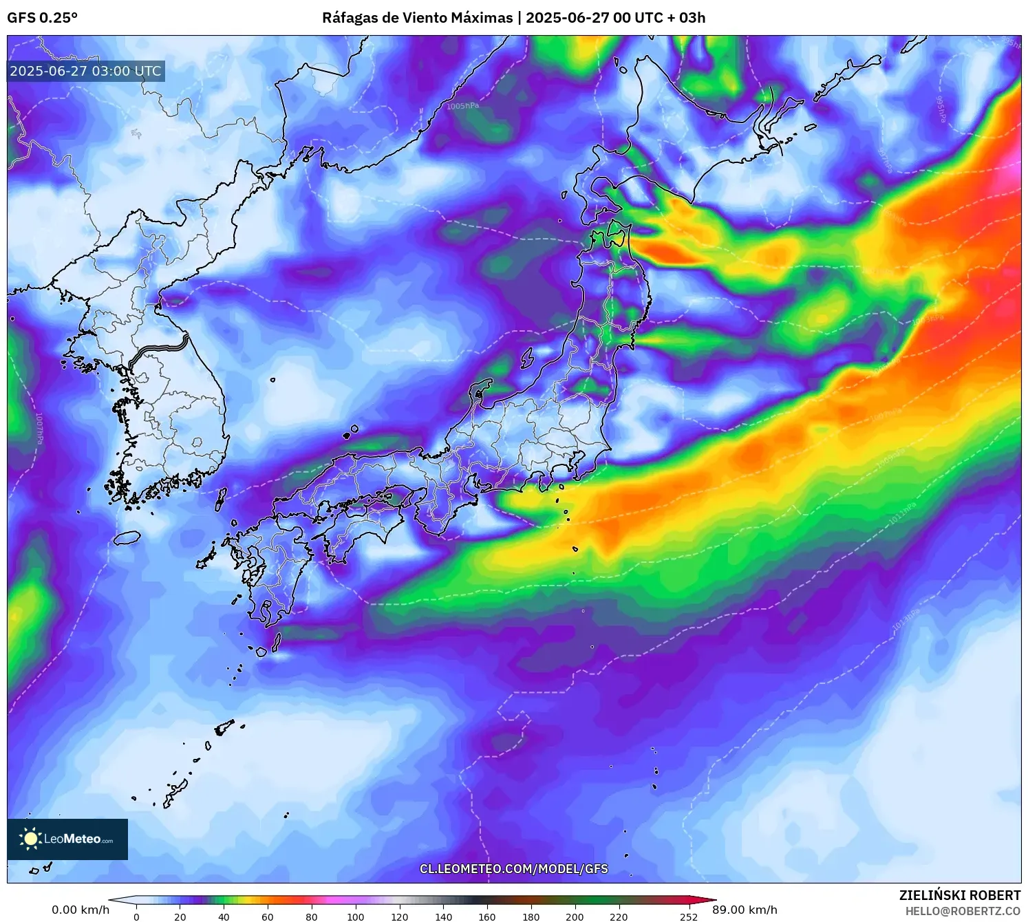 GFS model - Japón, Ráfagas de Viento Máximas GFS model - Japón, Ráfagas de Viento Máximas