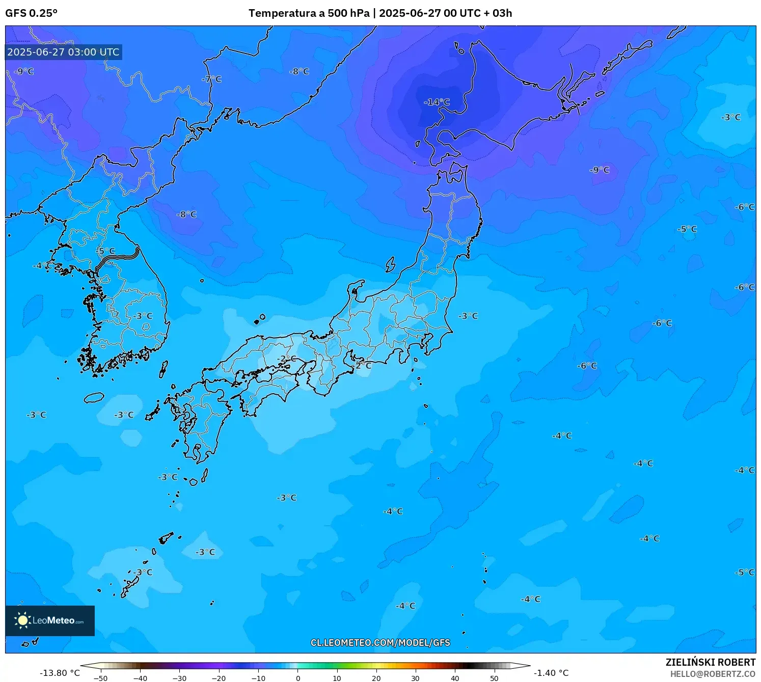 GFS model - Japón, Temperatura a 500 hPa GFS model - Japón, Temperatura a 500 hPa