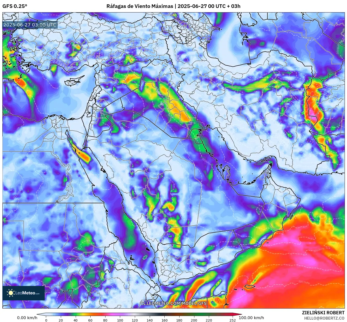 GFS model - Oriente Medio, Ráfagas de Viento Máximas GFS model - Oriente Medio, Ráfagas de Viento Máximas